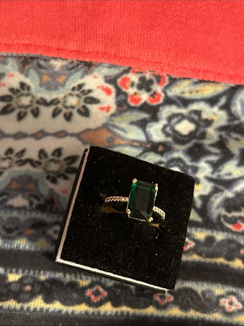 Rivka Friedman 18 k gold clad Ring with Emerald Green Rectangular Stone